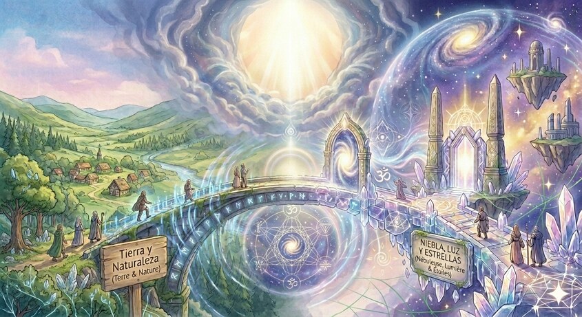 Ilustración de un puente entre la tierra y lo espiritual